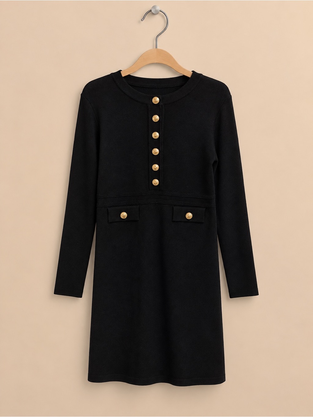 Women’s Desigber-Inspired Black Knit Dress with Gold Buttons